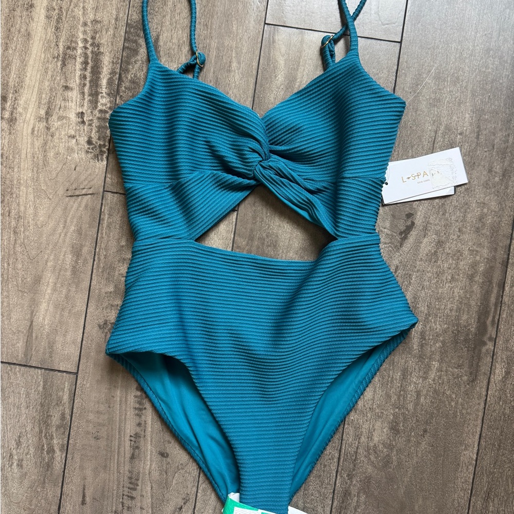 l*space Teal Ribbed Twist Front Cutout One-Piece